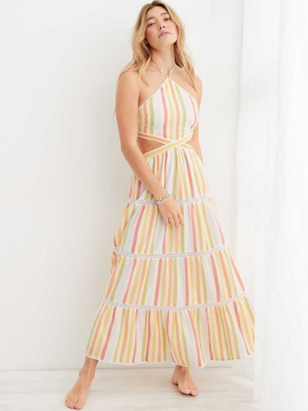 NWT Aerie Cut-Out Halter Maxi Dress, Size S, Multicolor Striped